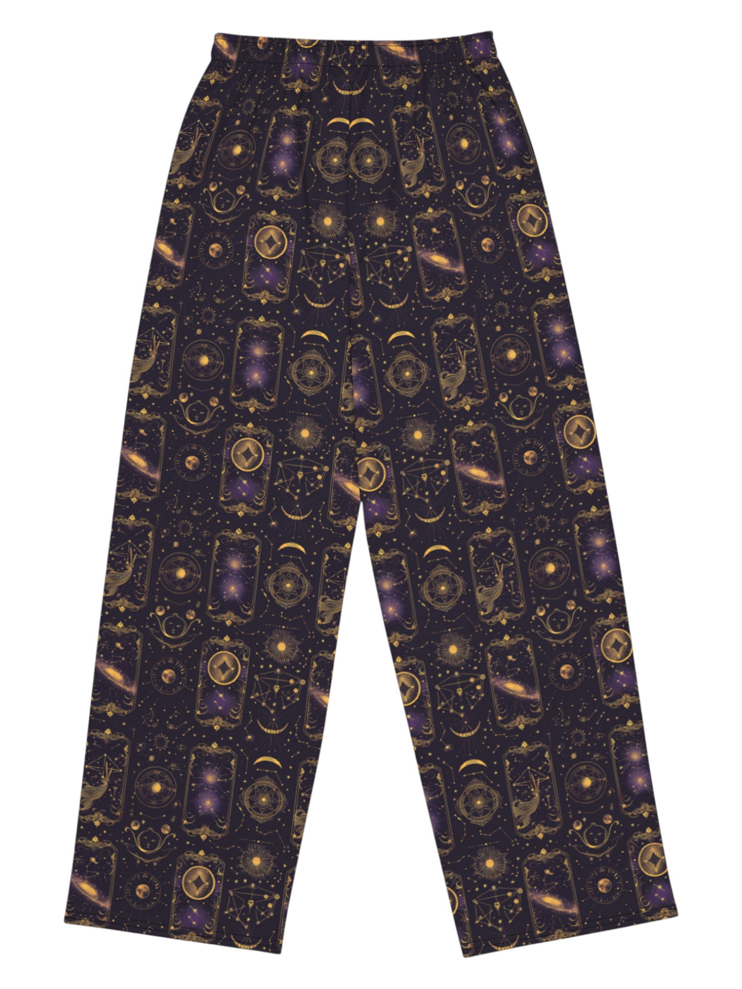 Plus-size model wearing Whimsigoth Tarot Card Celestial wide leg lounge pants with sun moon stars pattern and side pockets.