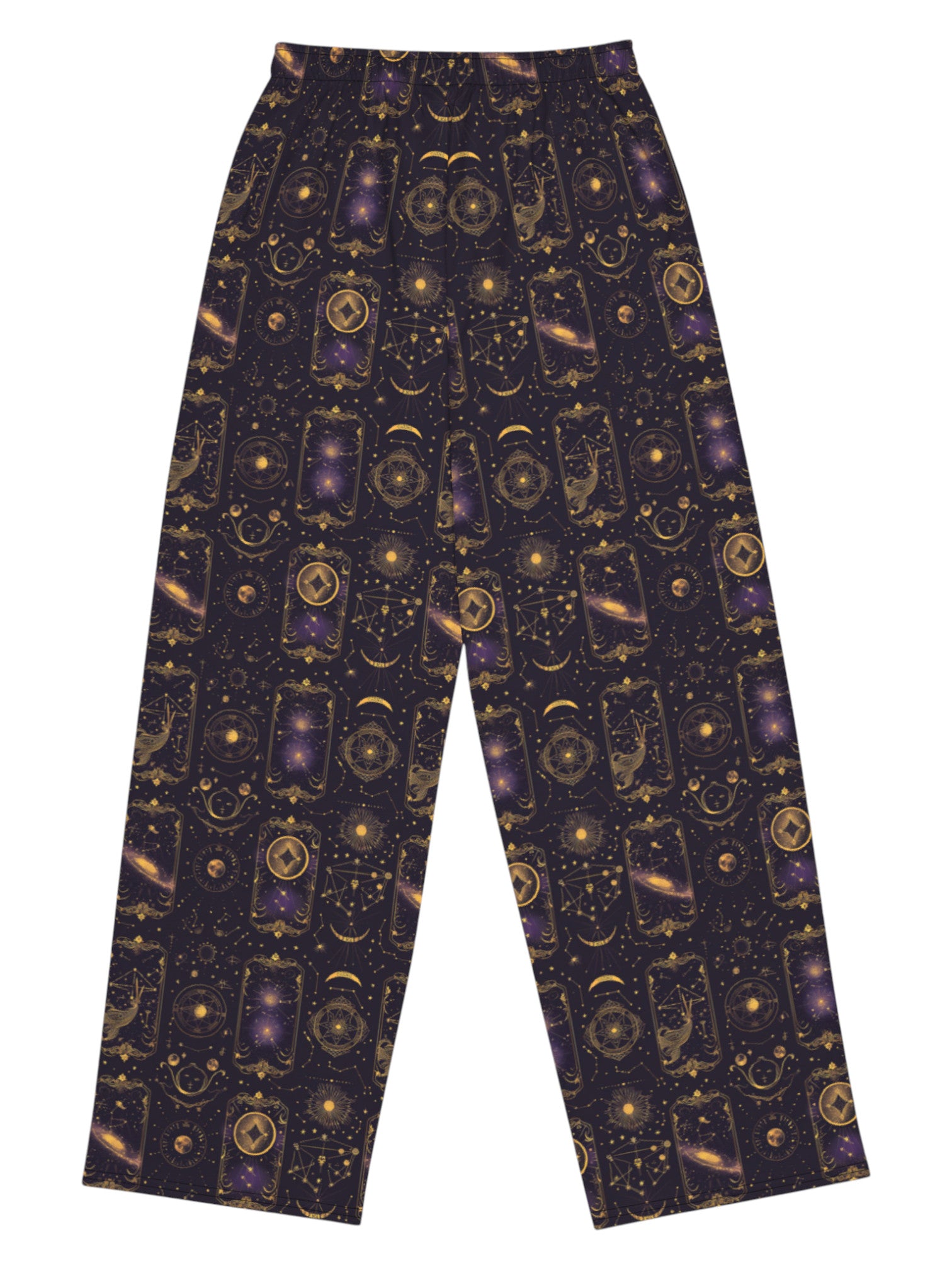 Plus-size model wearing Whimsigoth Tarot Card Celestial wide leg lounge pants with sun moon stars pattern and side pockets.