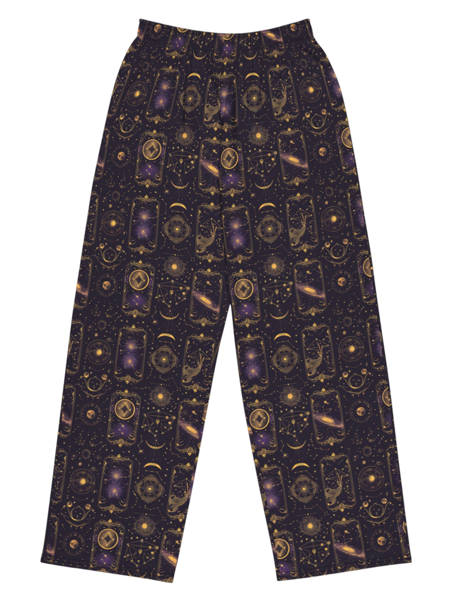 Whimsigoth Tarot Card Celestial wide leg lounge pants with sun moon stars pattern and side pockets.