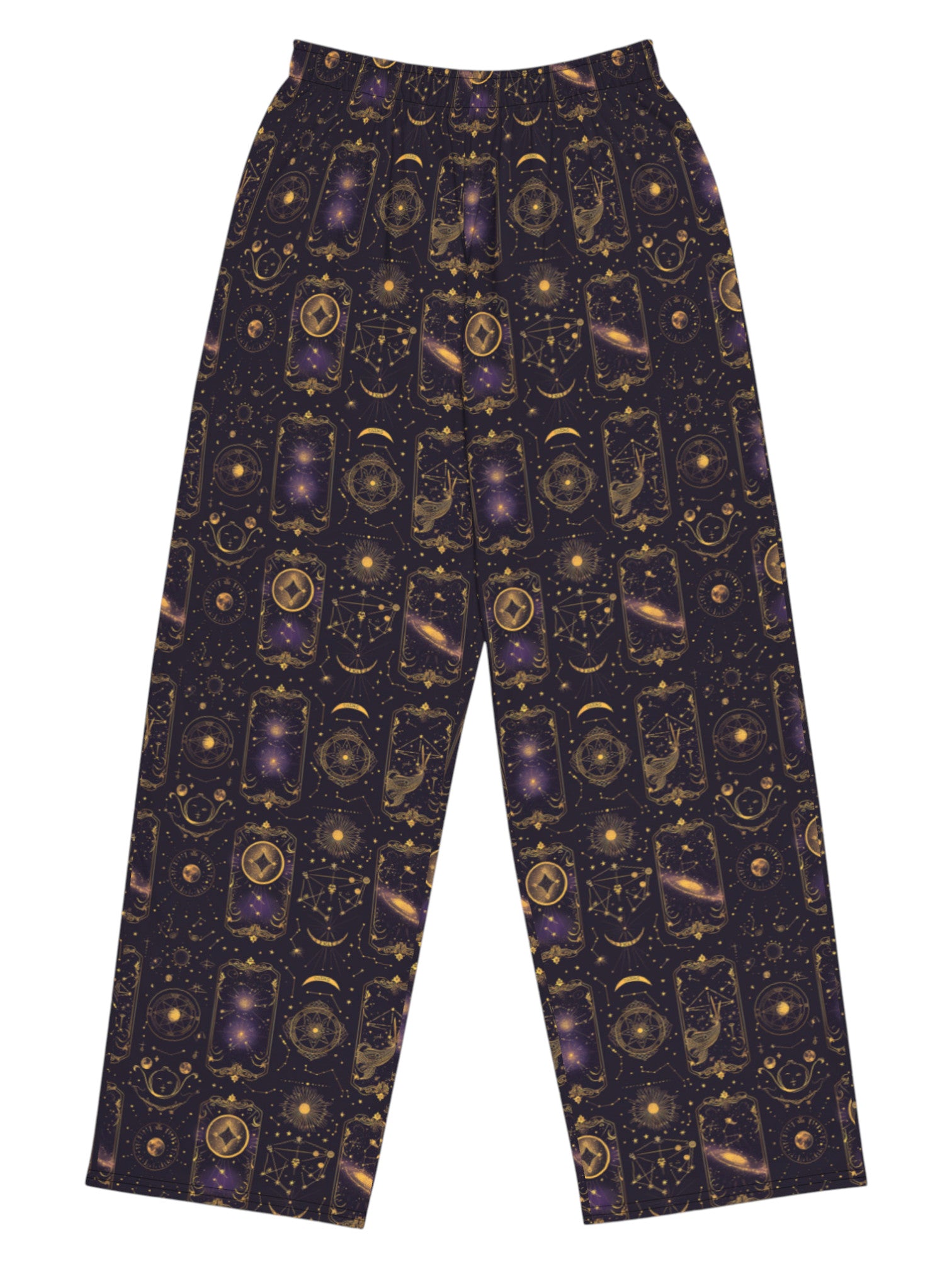 Whimsigoth Tarot Card Celestial wide leg lounge pants with sun moon stars pattern and side pockets.