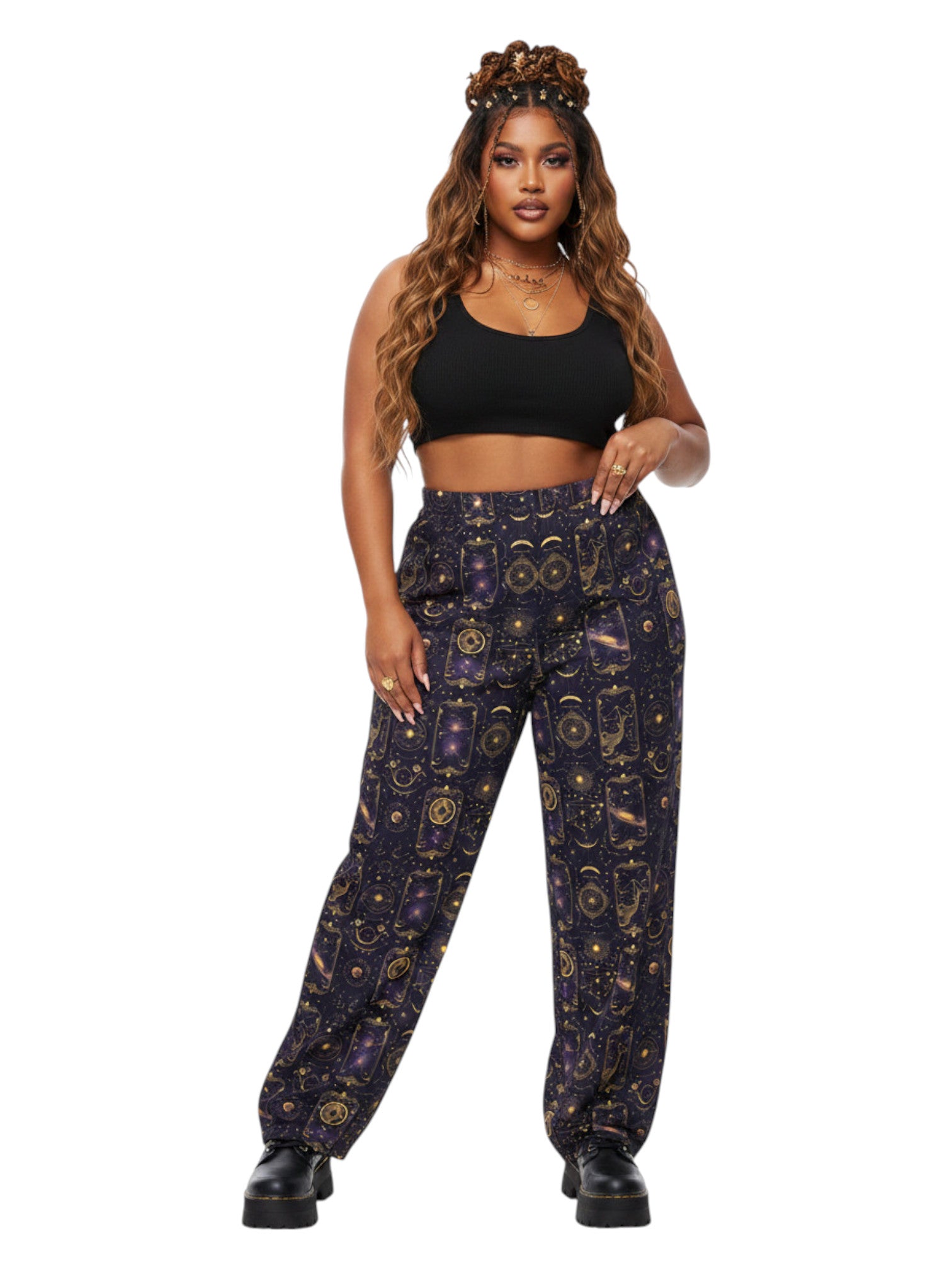 Plus-size model wearing Whimsigoth Tarot Card Celestial wide leg lounge pants with sun moon stars pattern and side pockets.