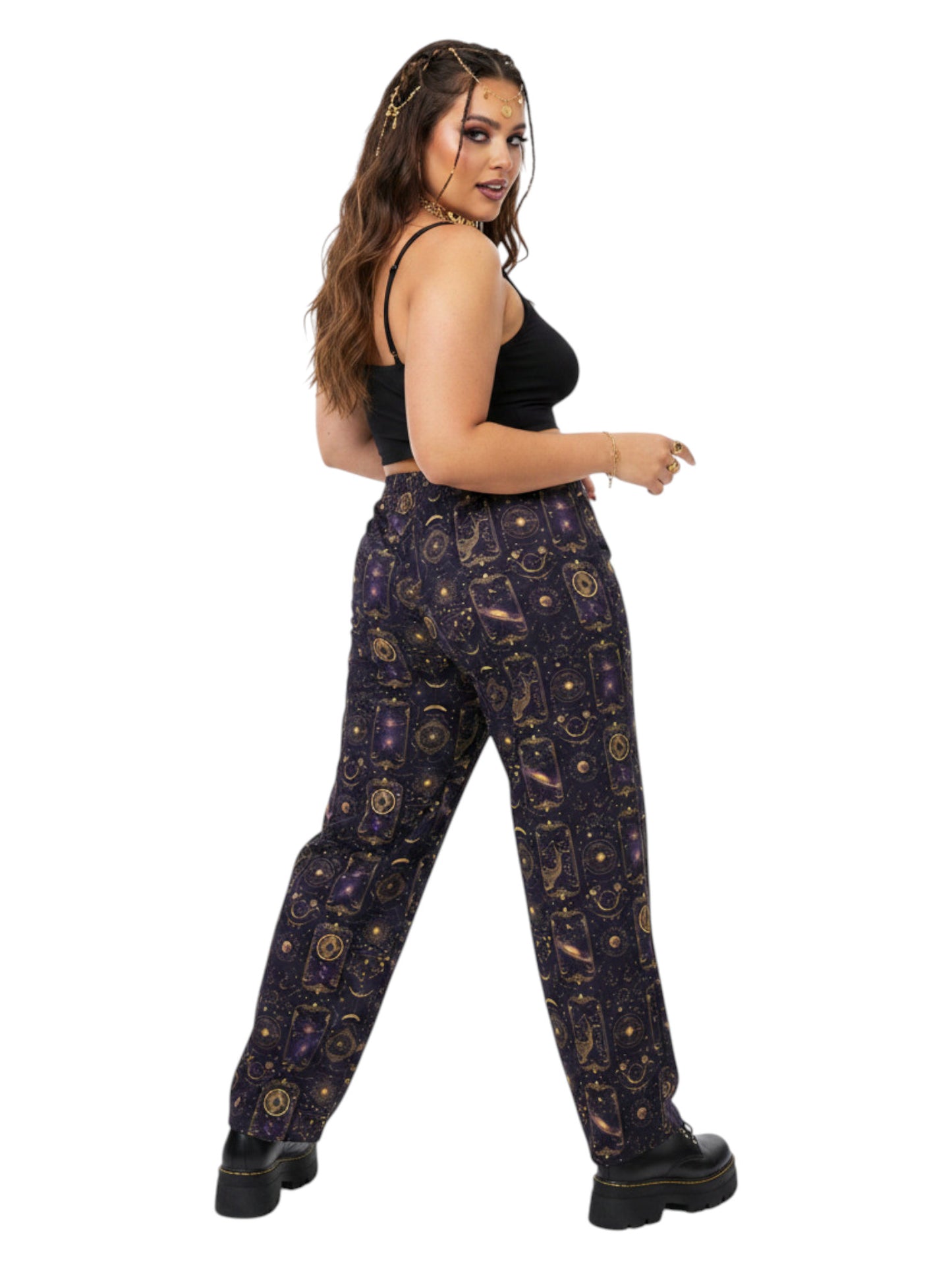 Plus-size model wearing Whimsigoth Tarot Card Celestial wide leg lounge pants with sun moon stars pattern and side pockets.