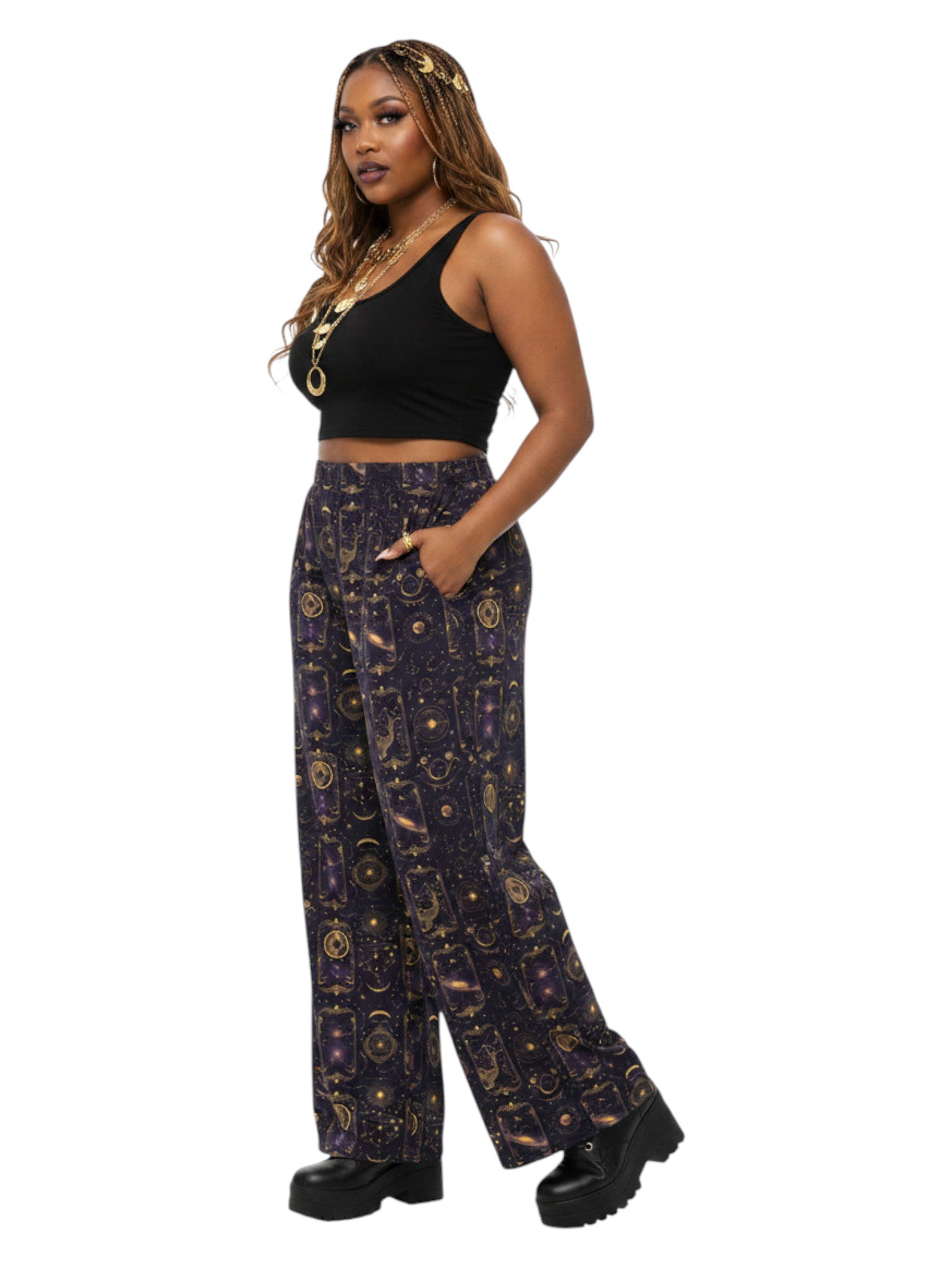 Plus-size model wearing Whimsigoth Tarot Card Celestial wide leg lounge pants with sun moon stars pattern and side pockets.