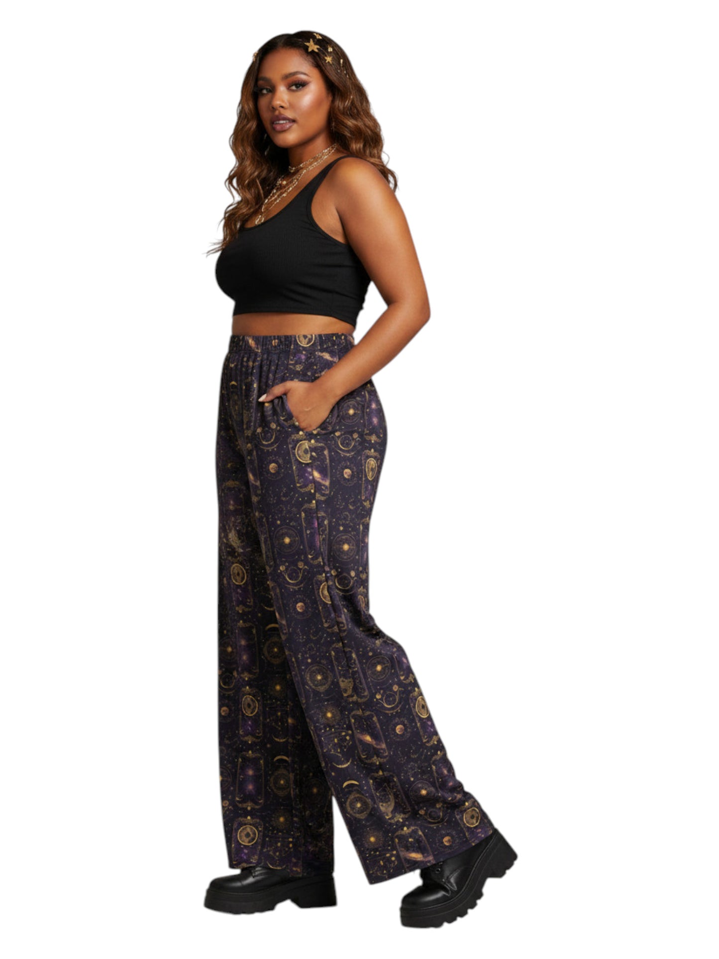 Plus-size model wearing Whimsigoth Tarot Card Celestial wide leg lounge pants with sun moon stars pattern and side pockets.
