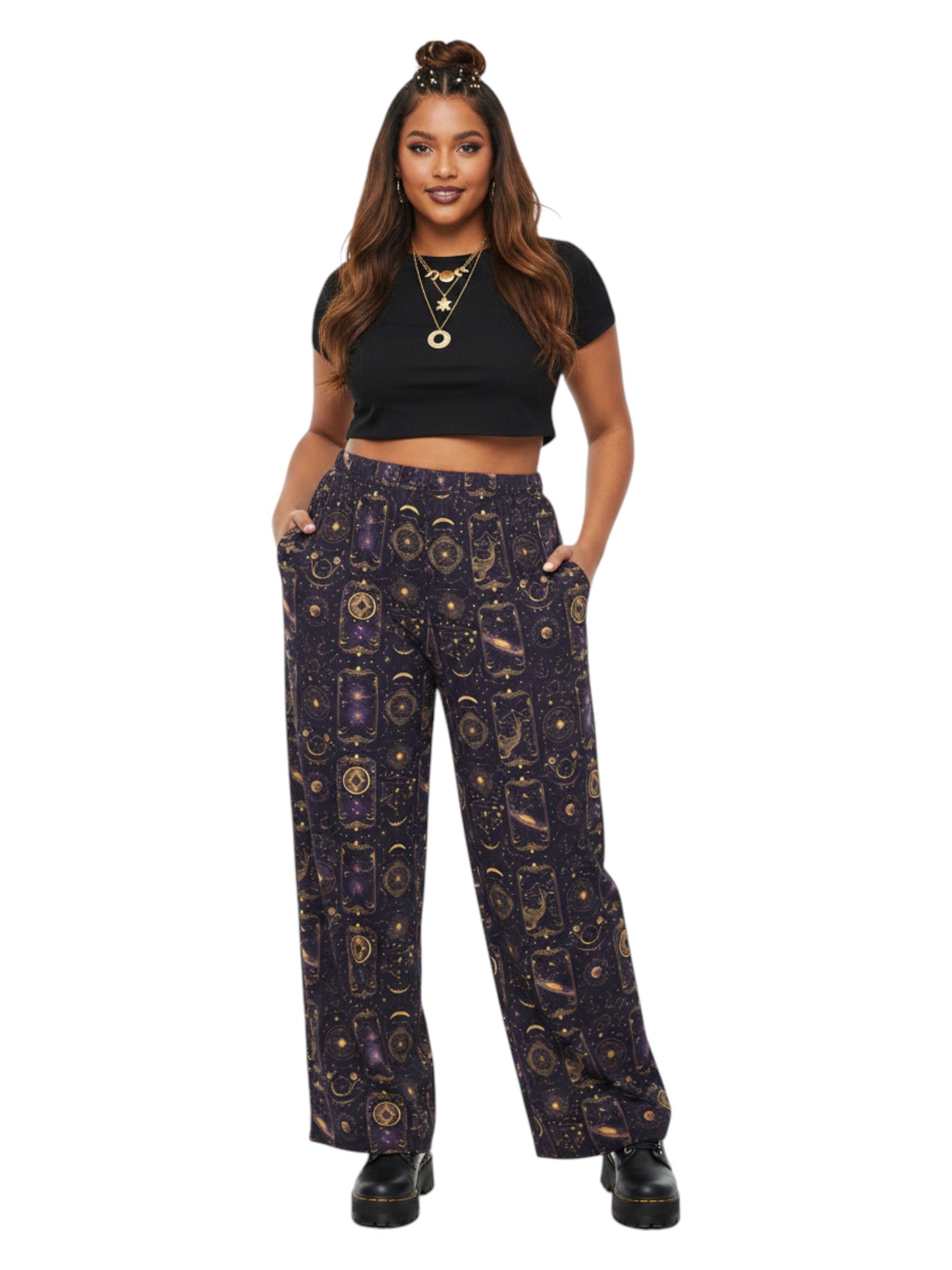 Plus-size model wearing Whimsigoth Tarot Card Celestial wide leg lounge pants with sun moon stars pattern and side pockets.