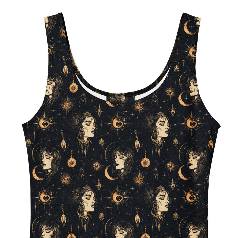 Black sleeveless dress with celestial pattern on a white background