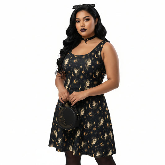 Woman wearing a black dress with gold patterns on a white background