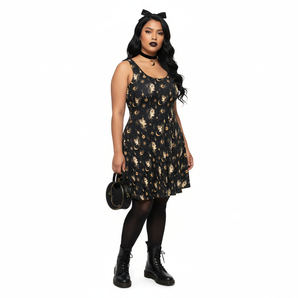 Woman wearing a black dress with gold patterns, holding a black handbag on a white background