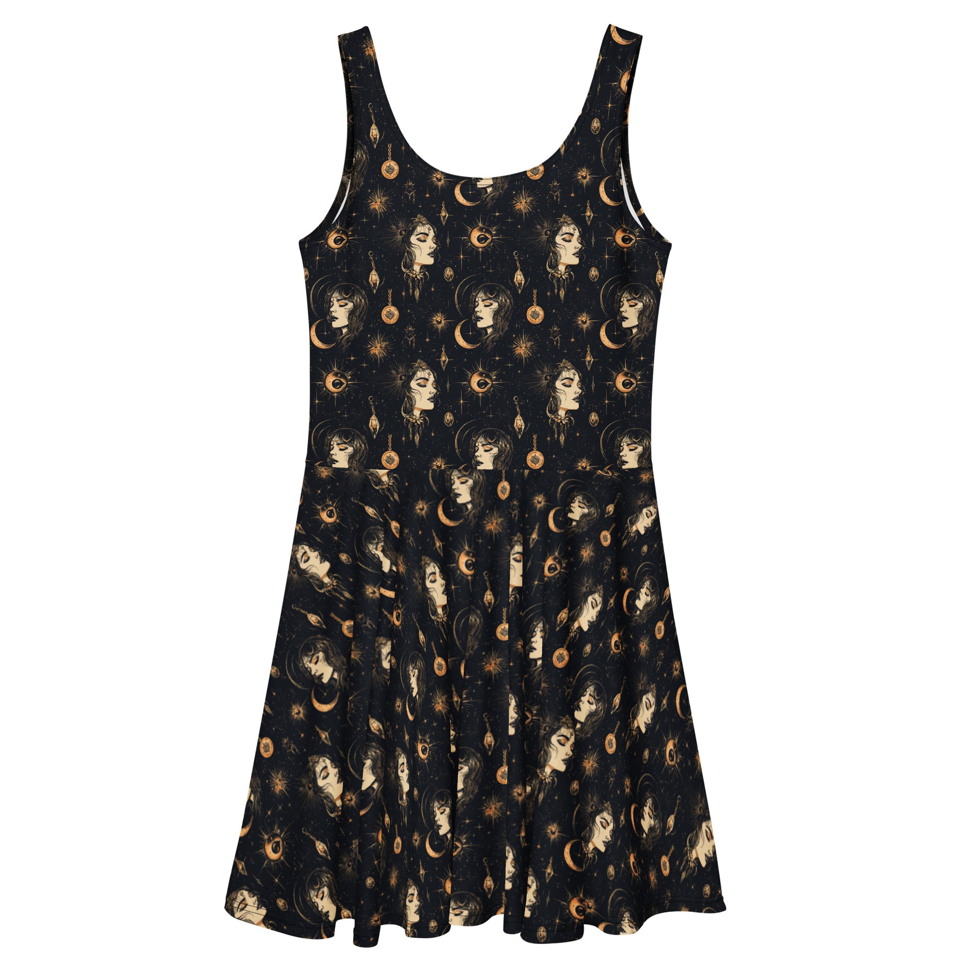 Black sleeveless dress with celestial pattern on a white background