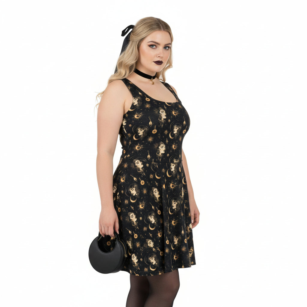 Woman wearing a black dress with gold patterns on a white background