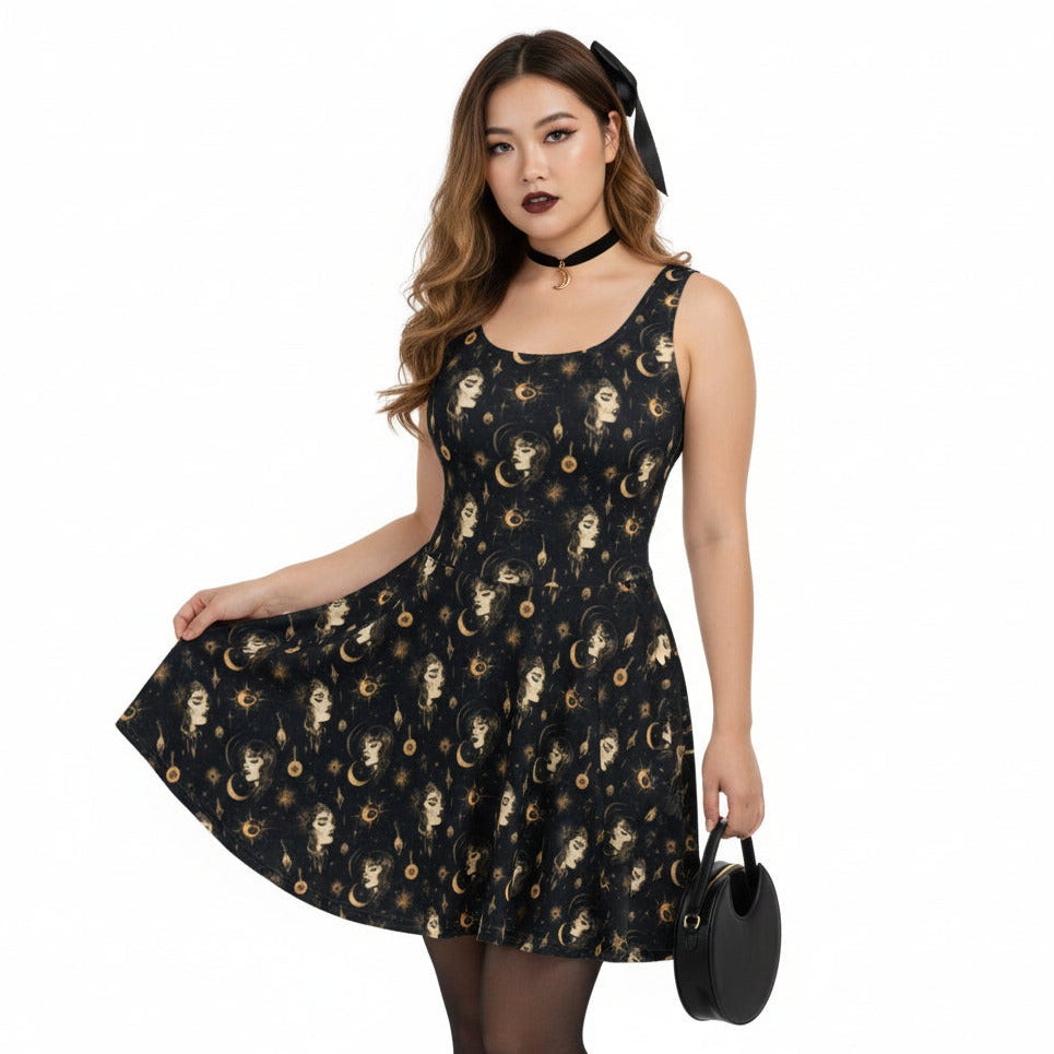 Woman wearing a black dress with gold moon and star pattern on a white background