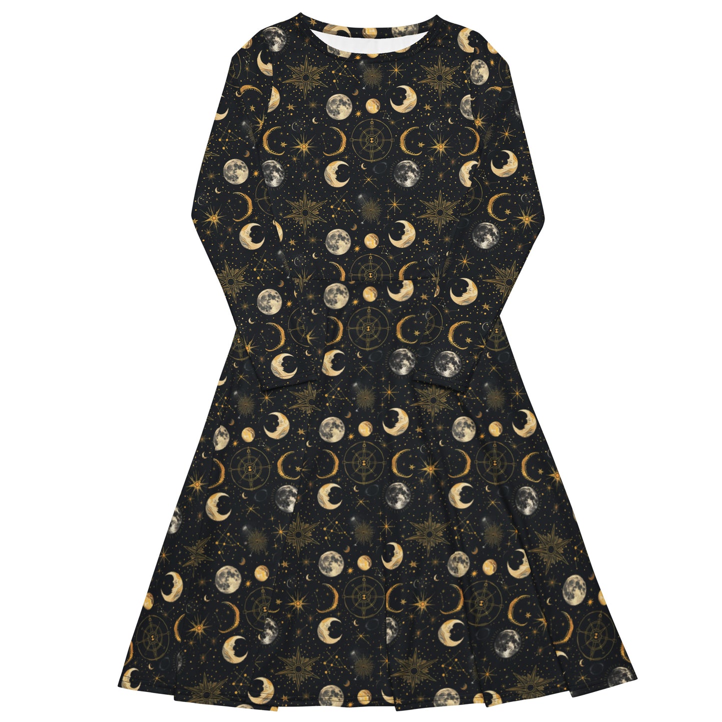 Black dress with celestial moon phase print featuring moons and stars on a white background