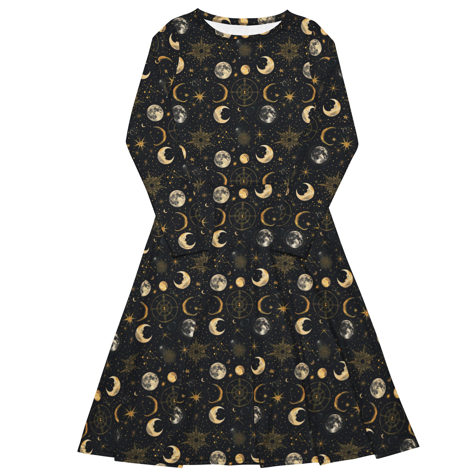 Black dress with celestial moon phase print featuring moons and stars on a white background