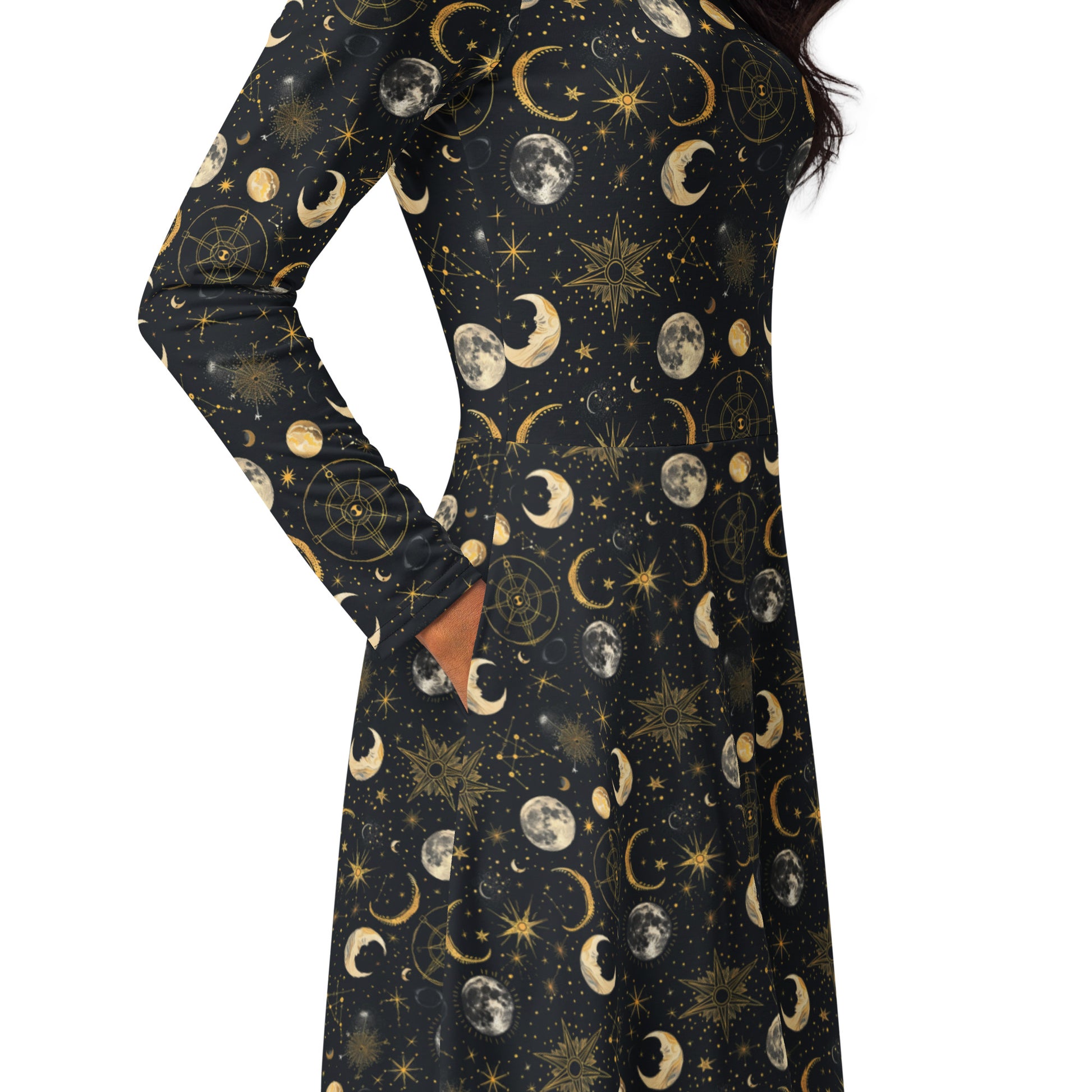 Long-sleeve dress with celestial moon phase print on a plain background