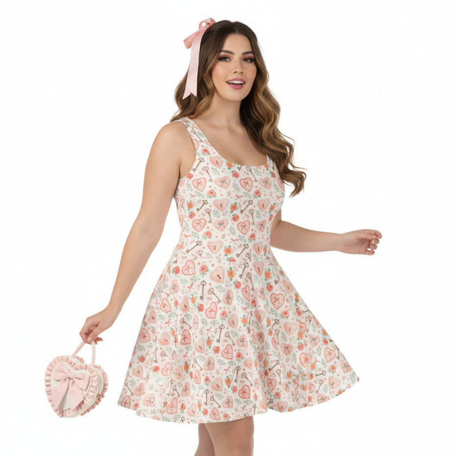 Woman wearing a floral dress holding a heart-shaped bag on a white background