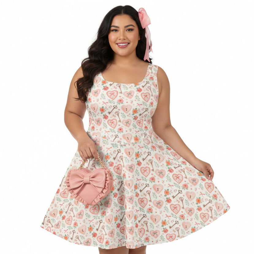 Woman wearing a floral dress with a pink bow headband and matching handbag on a white background