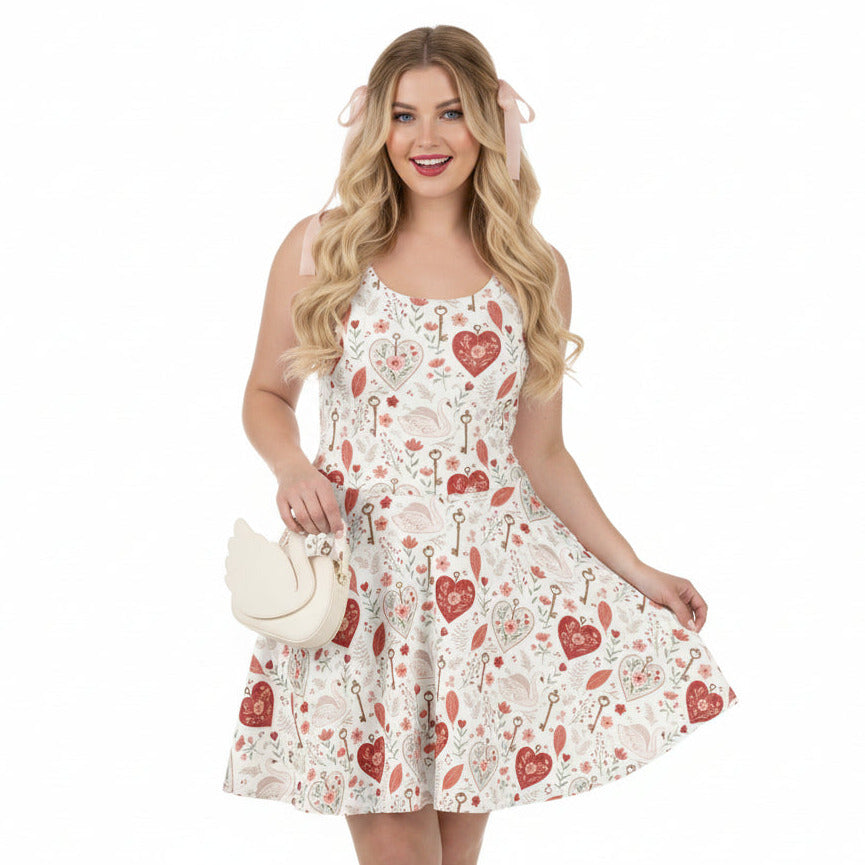 Woman wearing a floral dress with heart patterns on a white background