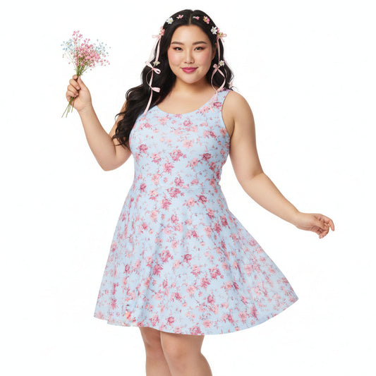 Woman wearing a light blue floral dress holding flowers on a white background