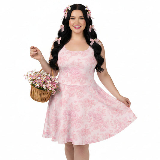 Woman wearing a pink floral dress holding a basket of flowers on a white background