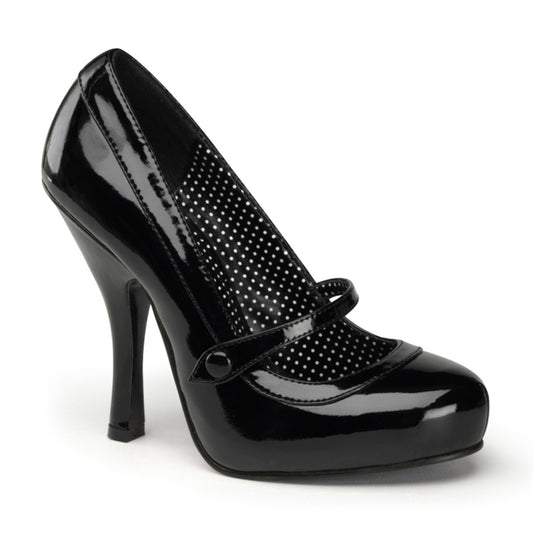 Black patent 50s vintage-inspired shoe on a white background