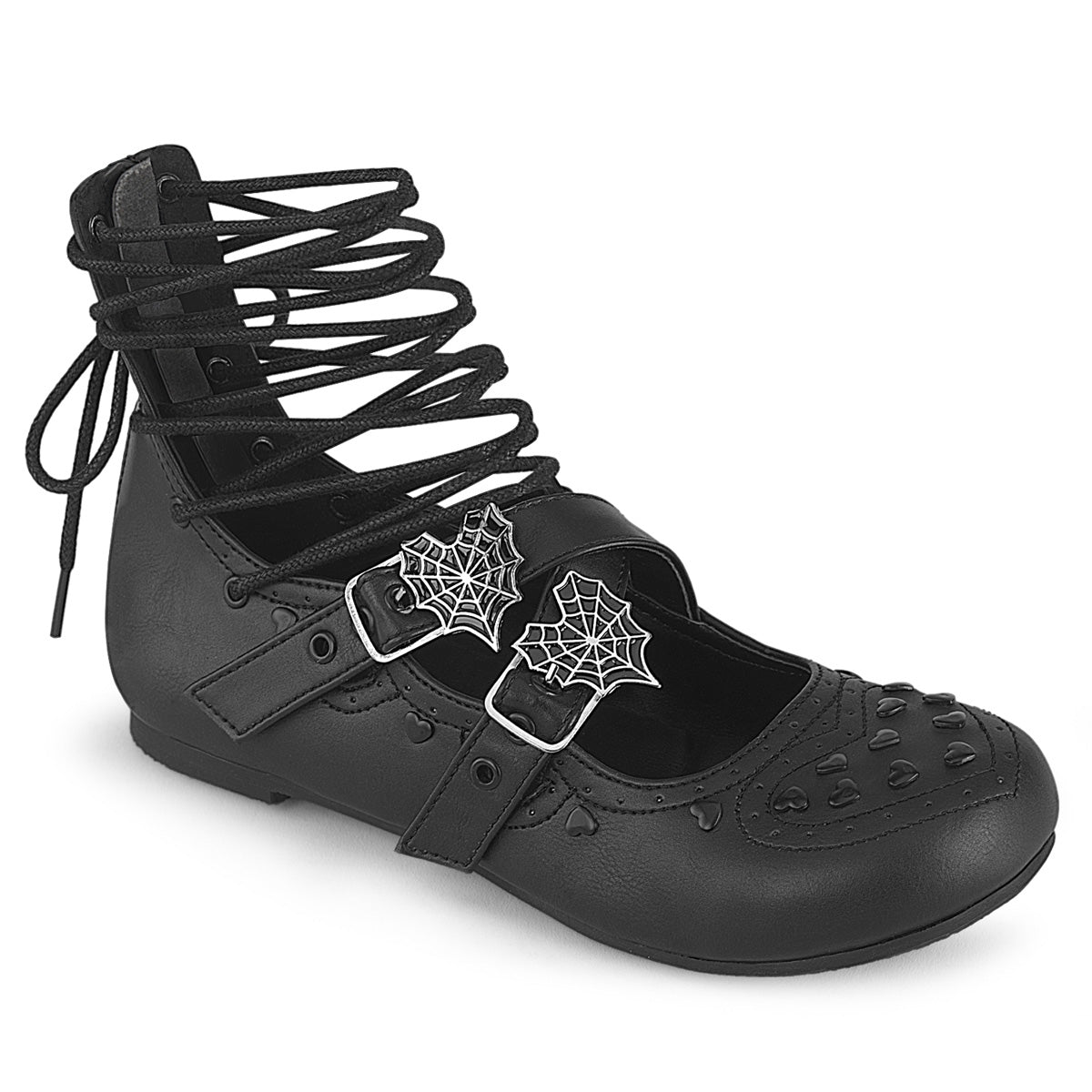 Goth Spiderweb Heart Lace-Up Mary Jane Ballet Flats on White Background