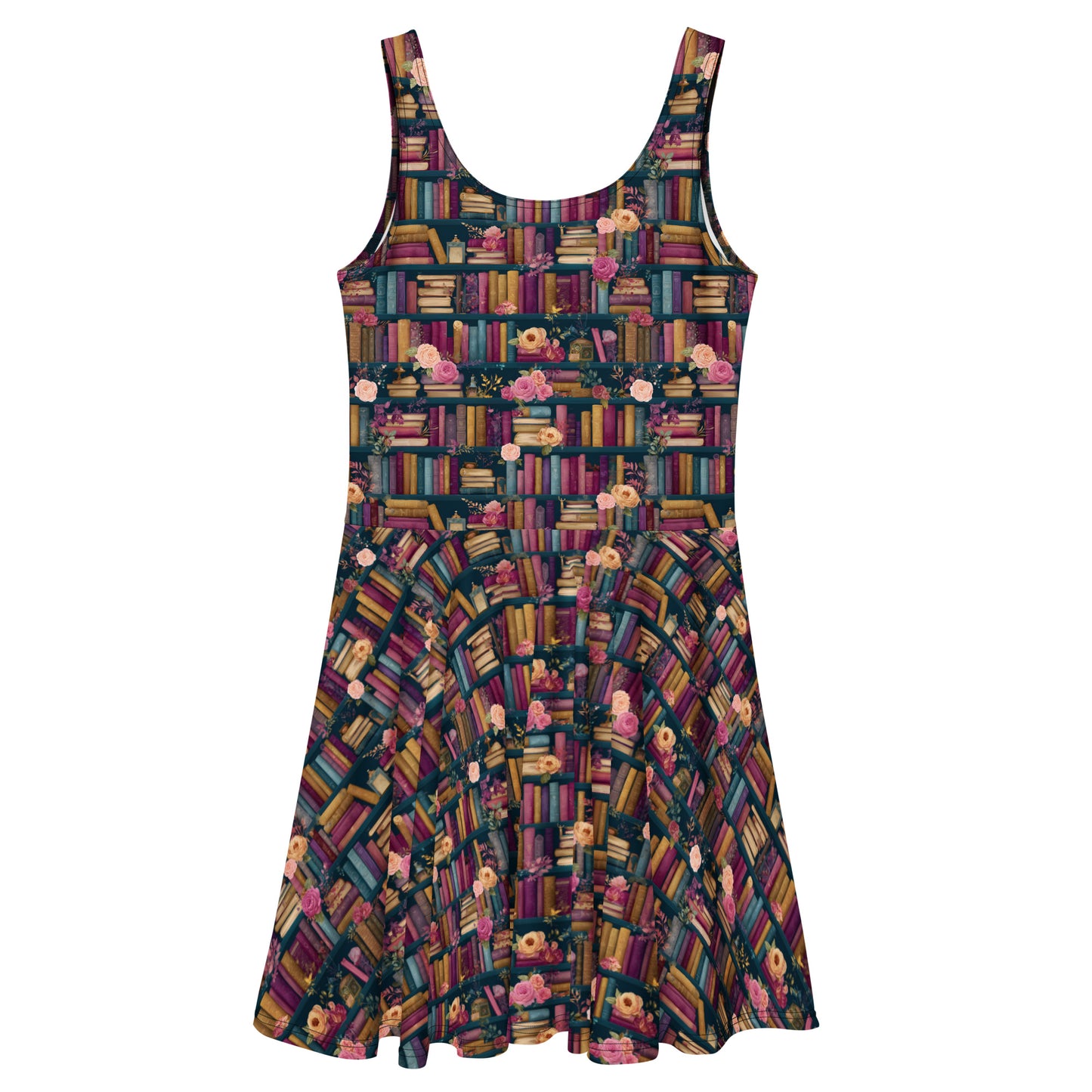 Dark academia bookshelf print skater dress.
