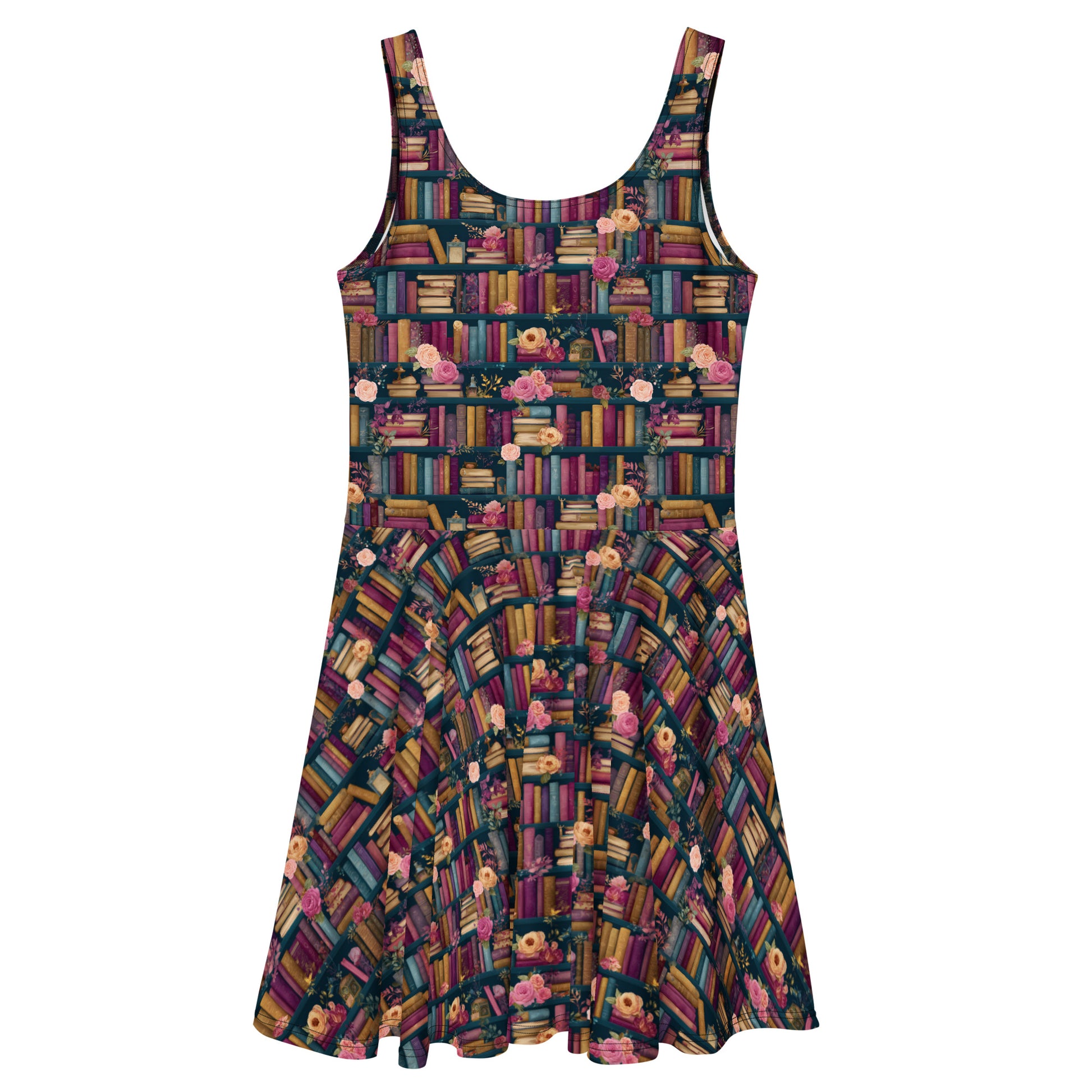 Dark academia bookshelf print skater dress.
