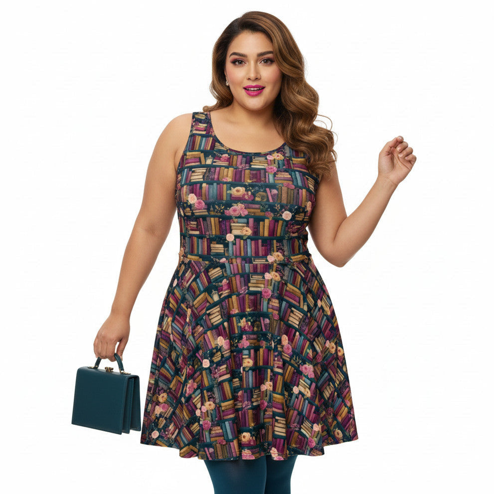 Plus size woman wearing a dark academia bookshelf print skater dress with a teal green handbag.