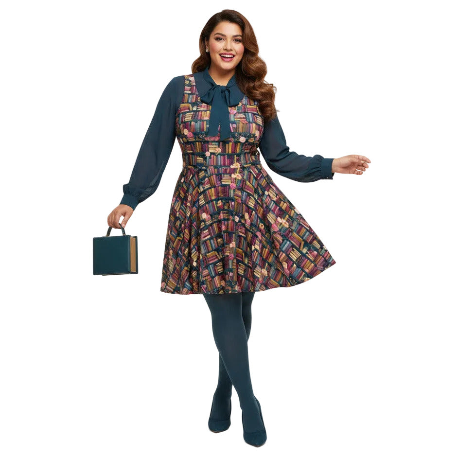 Woman wearing a dark academia bookshelf print skater dress with a teal green pussy-bow blouse and matching handbag.