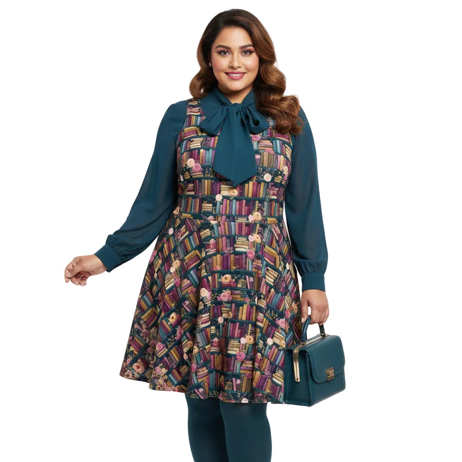 Woman wearing a dark academia bookshelf print skater dress with a teal green pussy-bow blouse and matching handbag.
