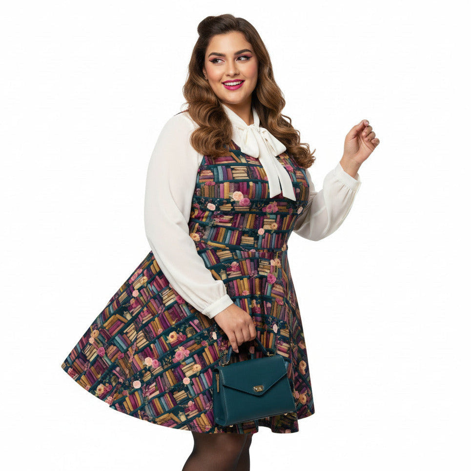 Woman wearing a dark academia bookshelf print skater dress with off-white pussy-bow blouse and teal green handbag.