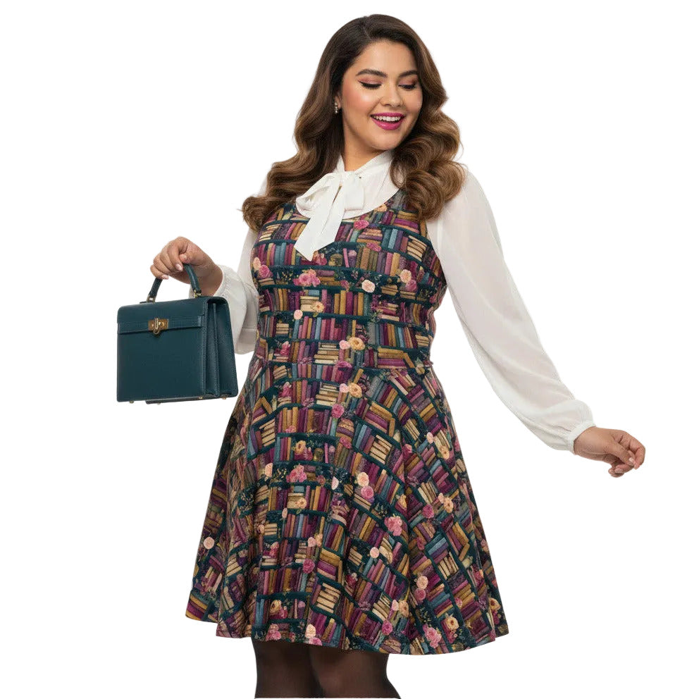 Woman wearing a dark academia bookshelf print skater dress with off-white pussy-bow blouse and teal green handbag.