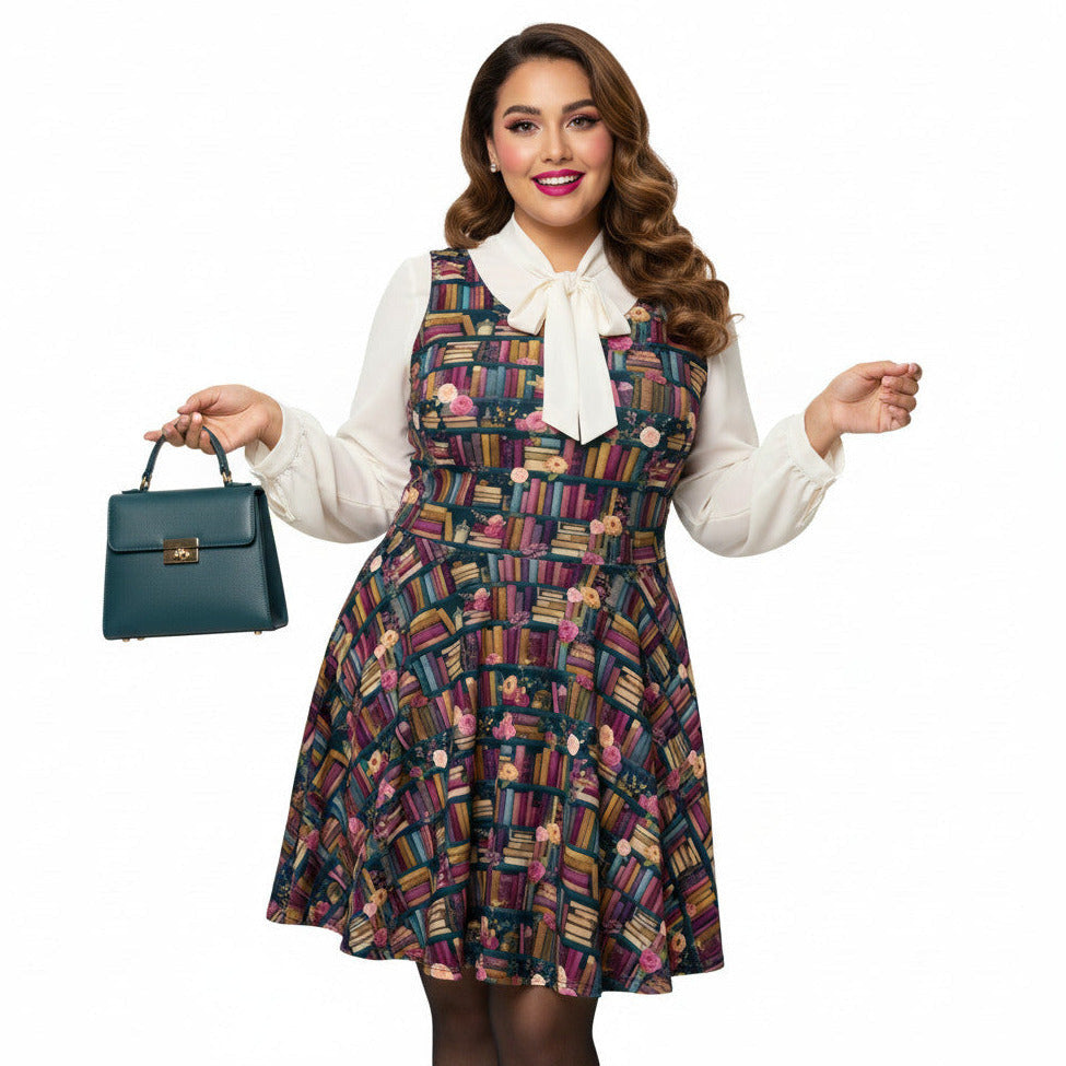 Woman wearing a dark academia bookshelf print skater dress with off-white pussy-bow blouse and teal green handbag.