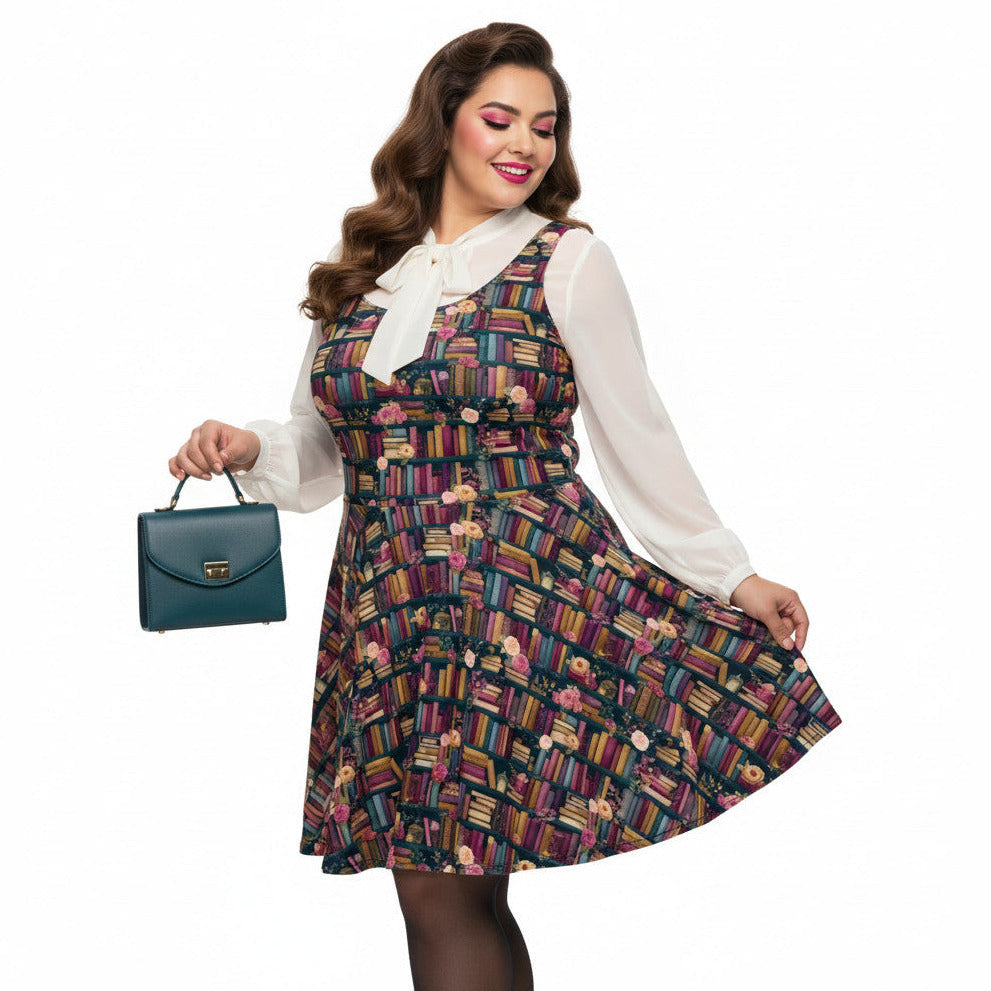 Woman wearing a dark academia bookshelf print skater dress with off-white pussy-bow blouse and teal green handbag.