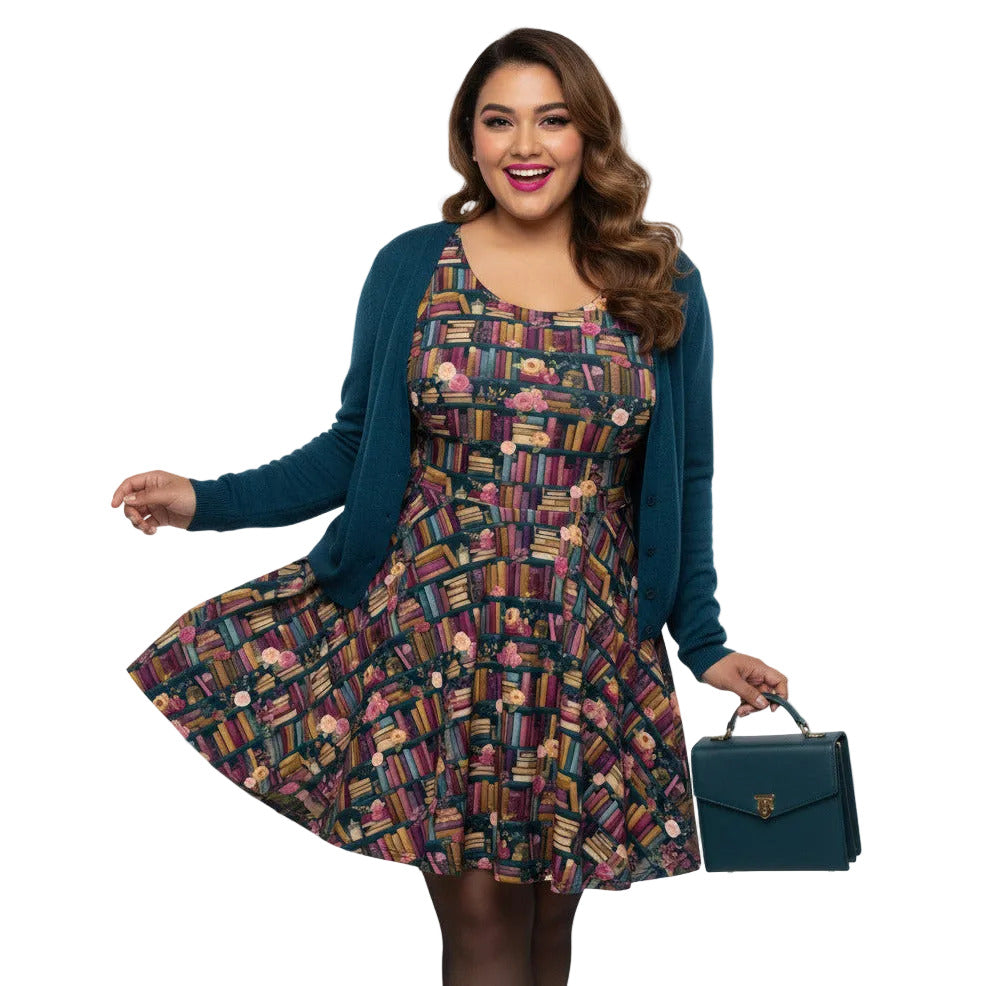Woman wearing a dark academia bookshelf print skater dress with teal green cardigan sweater and matching handbag.