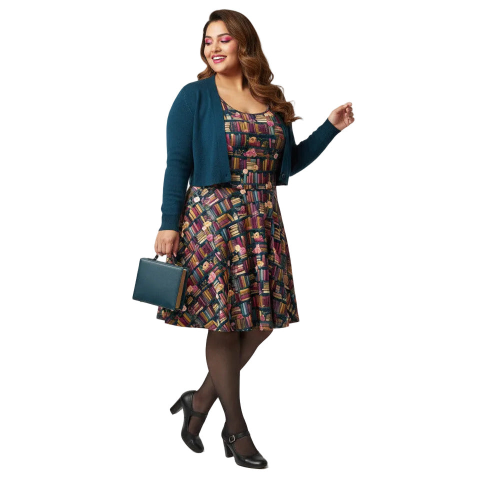 Woman wearing a dark academia bookshelf print skater dress with teal green cardigan sweater and matching handbag.