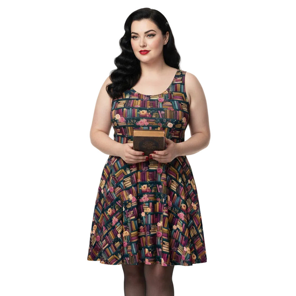 Woman wearing a dark academia bookshelf print skater dress and holding a book.