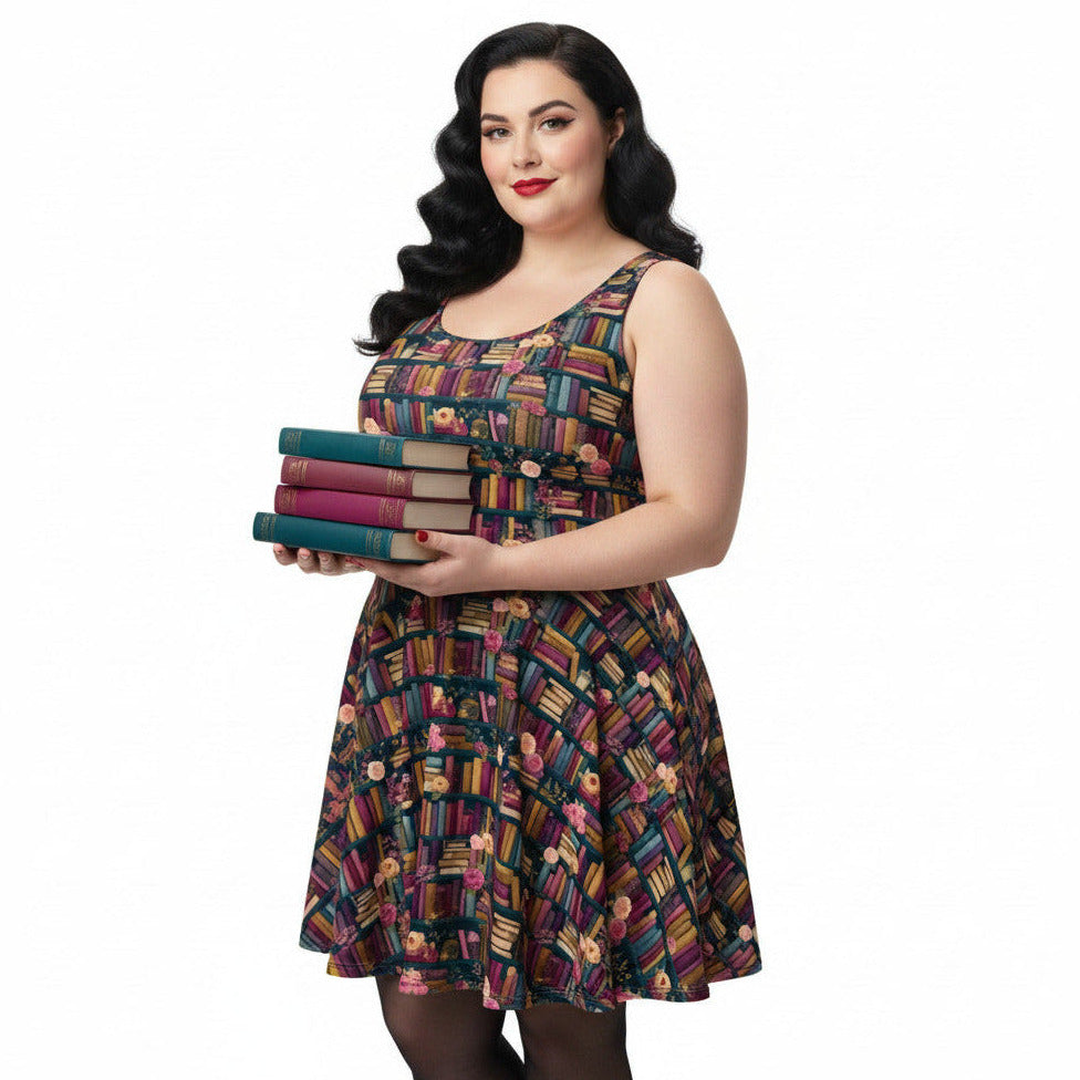 Plus size woman wearing a dark academia bookshelf print skater dress and holding books.