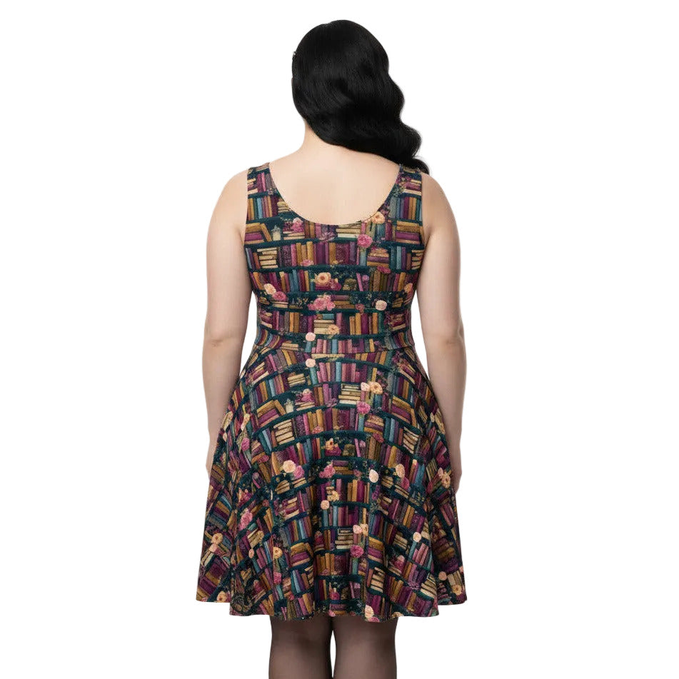 Plus size woman wearing a dark academia bookshelf print skater dress.