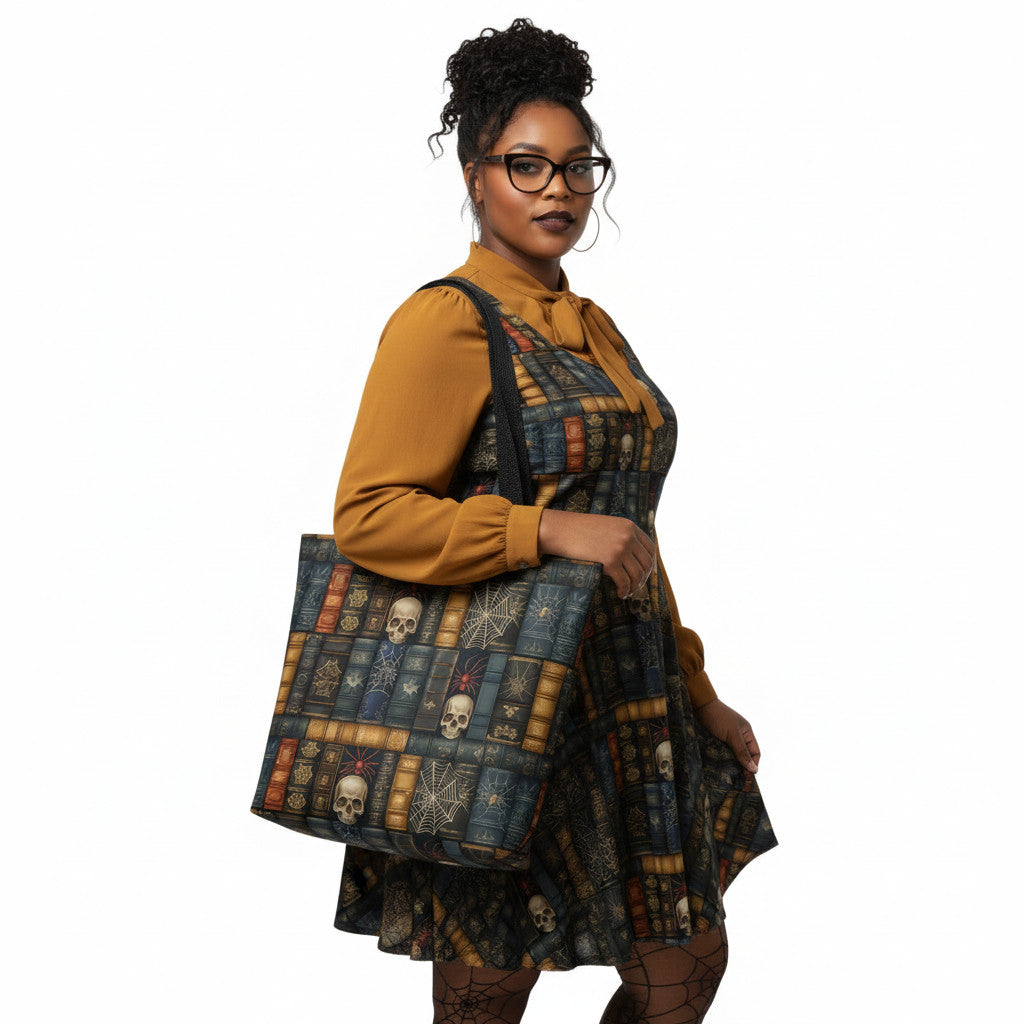 Woman wearing carrying a Dark Academia tote bag with gothic bookshelf print, skulls, and spiderwebs on vintage book spines. The dress matches the tote bag.