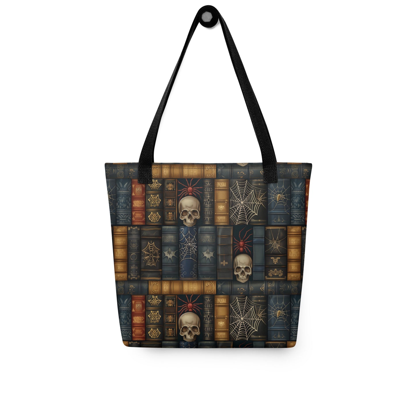 Dark Academia tote bag with gothic bookshelf print, skulls, and spiderwebs on vintage book spines.