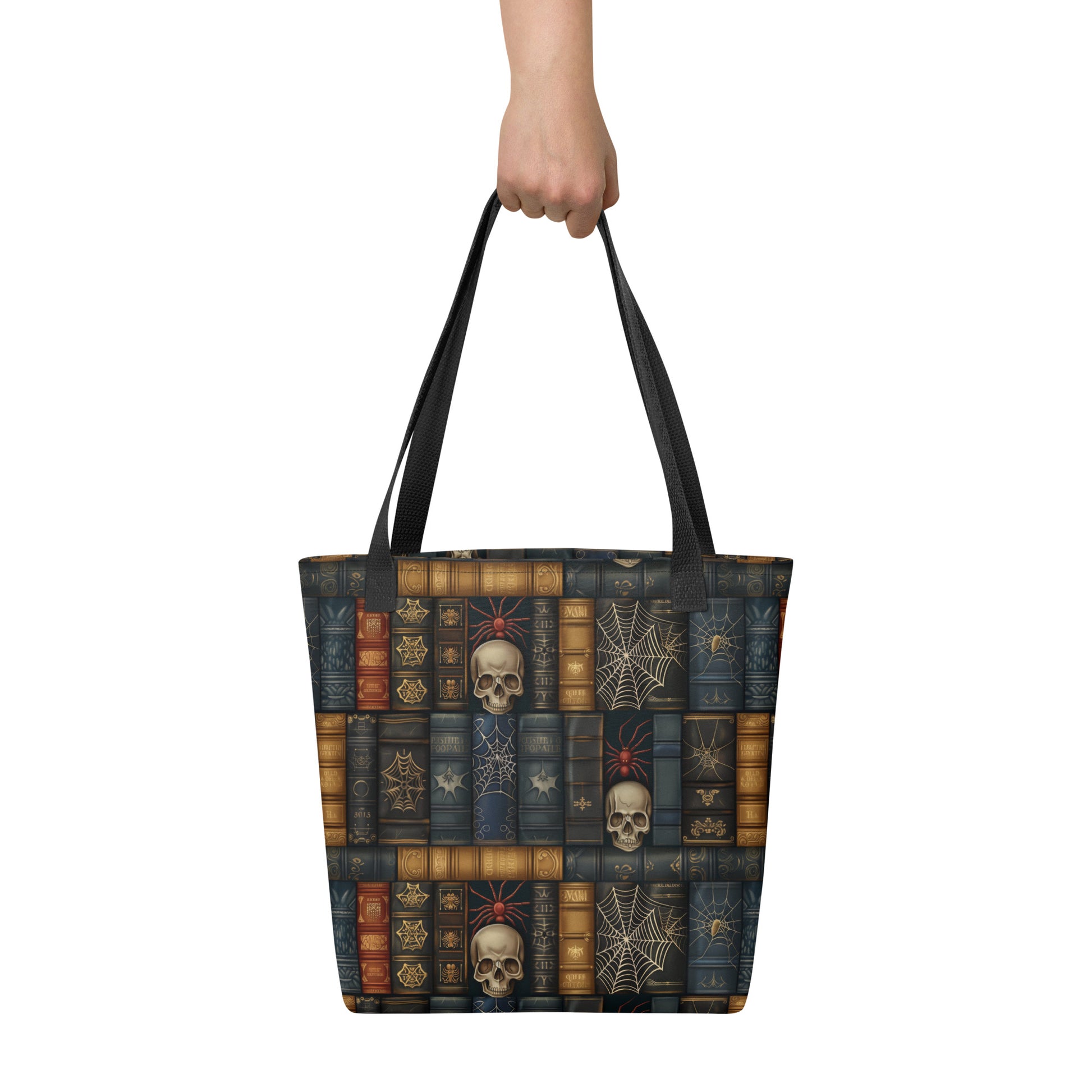 Dark Academia tote bag with gothic bookshelf print, skulls, and spiderwebs on vintage book spines.