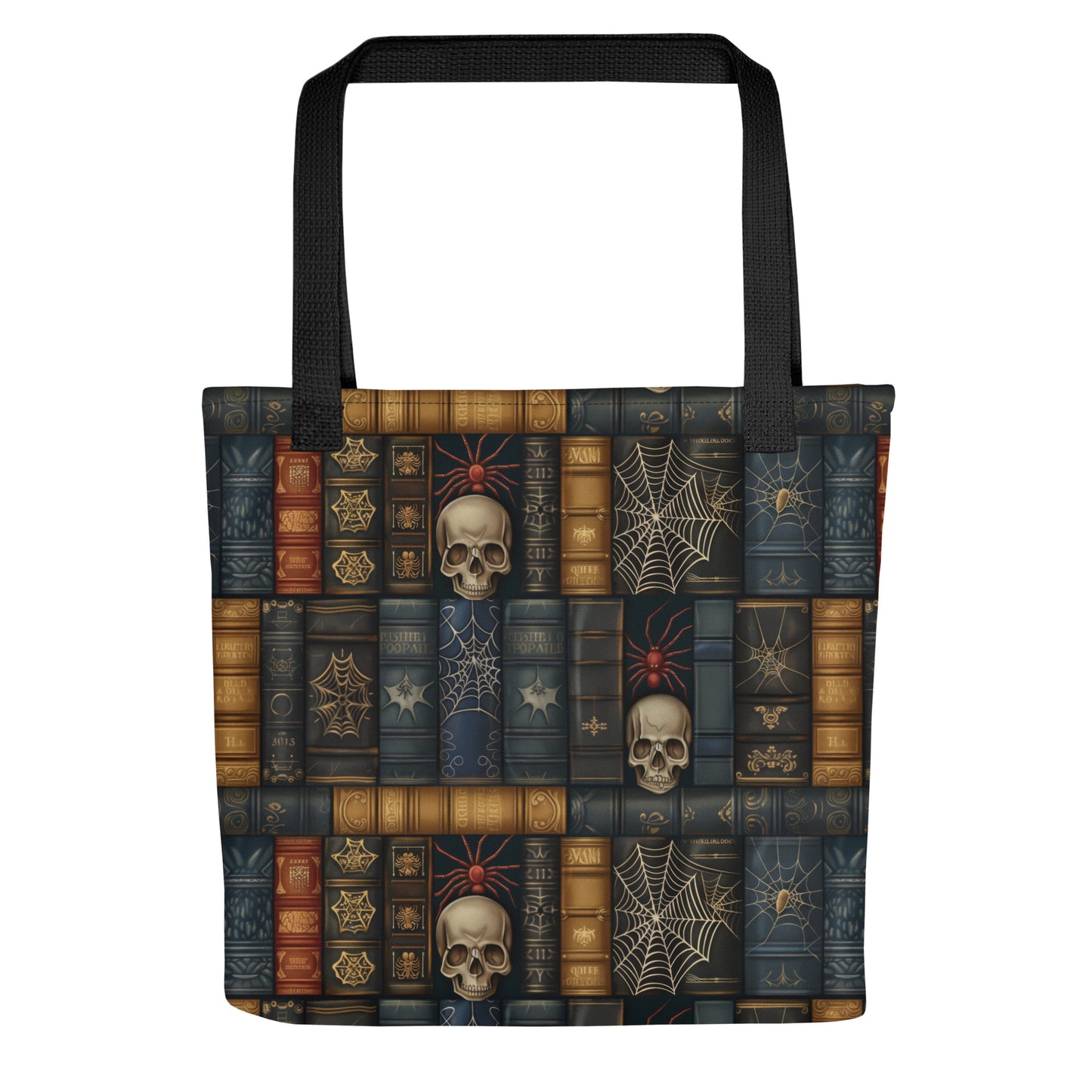 Dark Academia tote bag with gothic bookshelf print, skulls, and spiderwebs on vintage book spines.