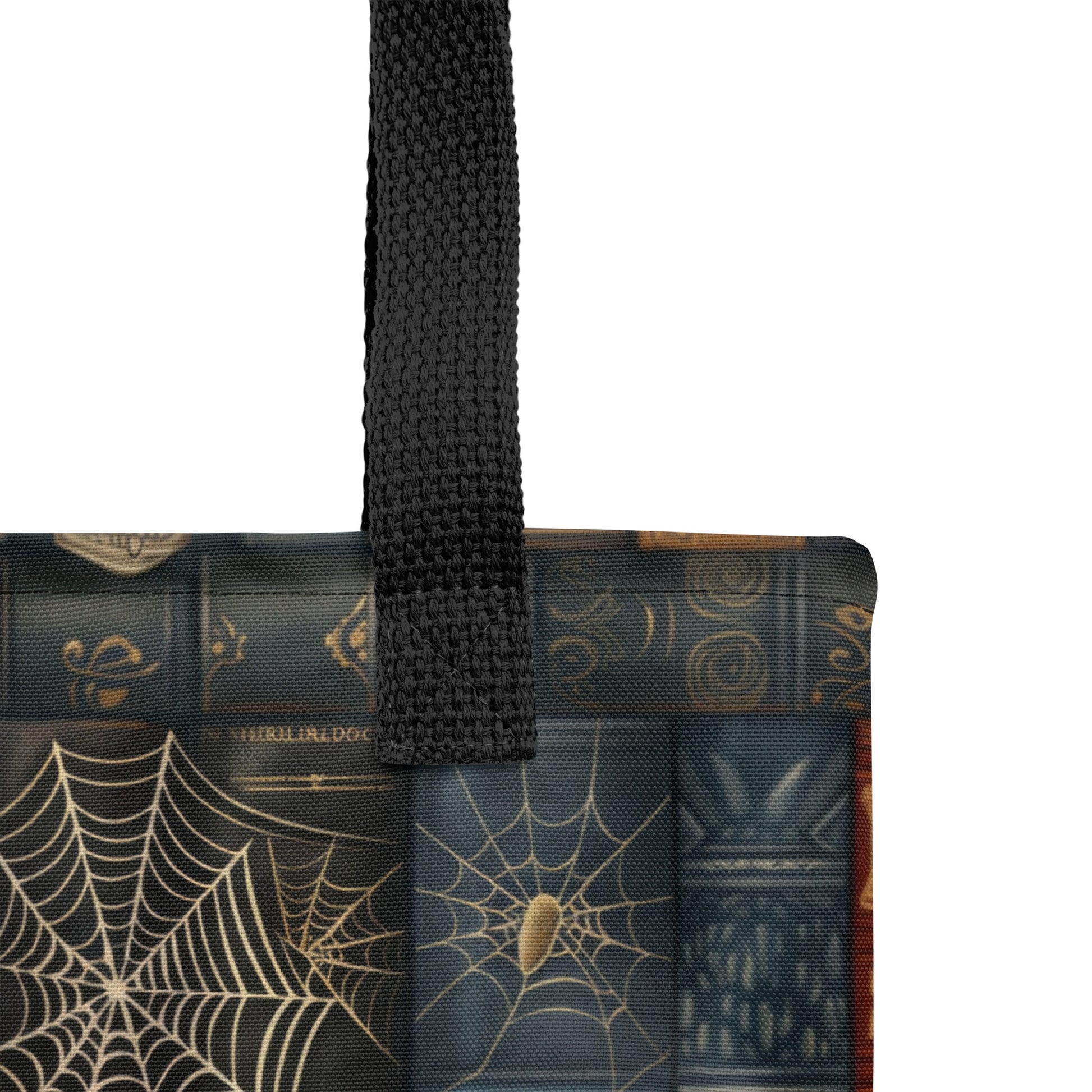 Dark Academia tote bag with gothic bookshelf print, skulls, and spiderwebs on vintage book spines.