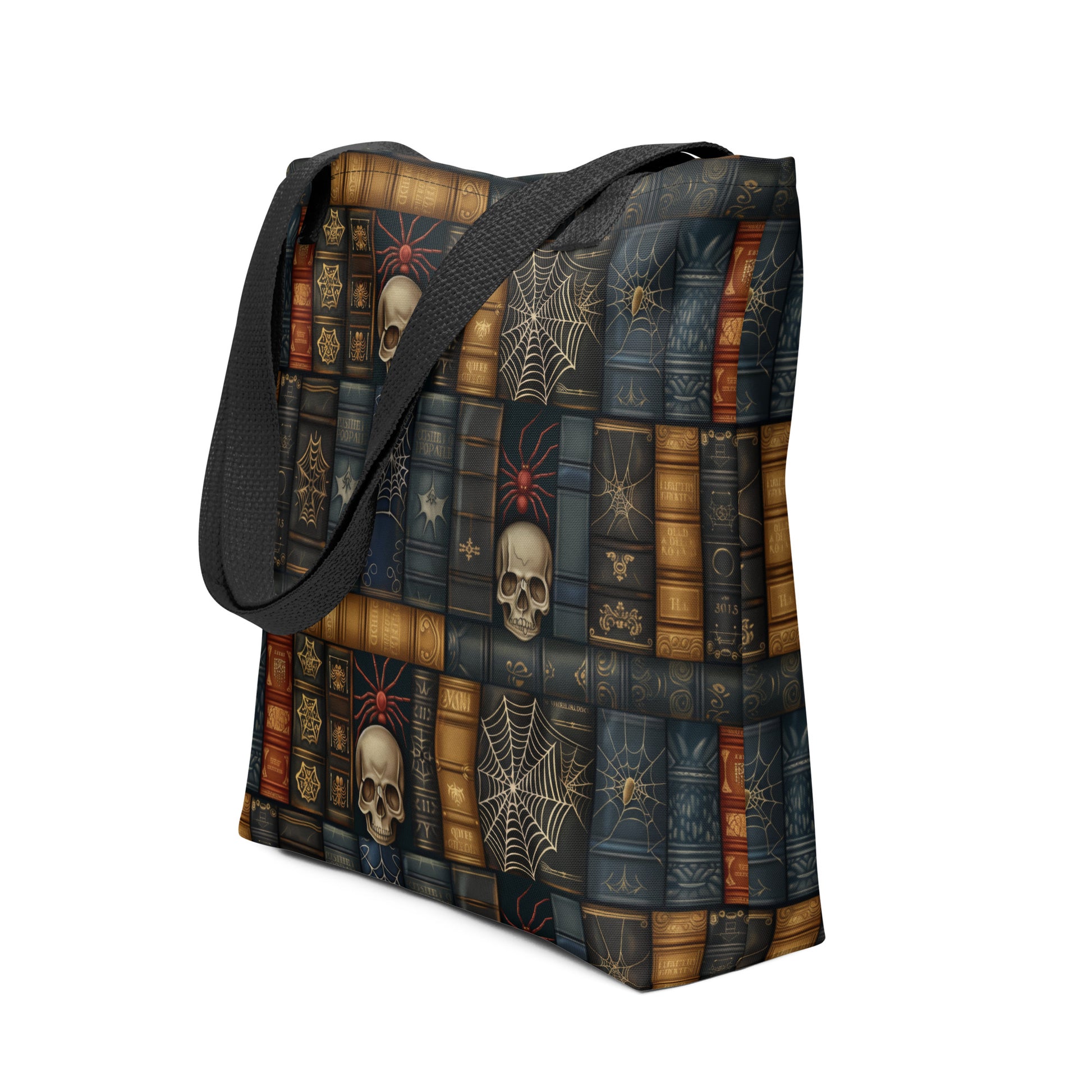 Dark Academia tote bag with gothic bookshelf print, skulls, and spiderwebs on vintage book spines.