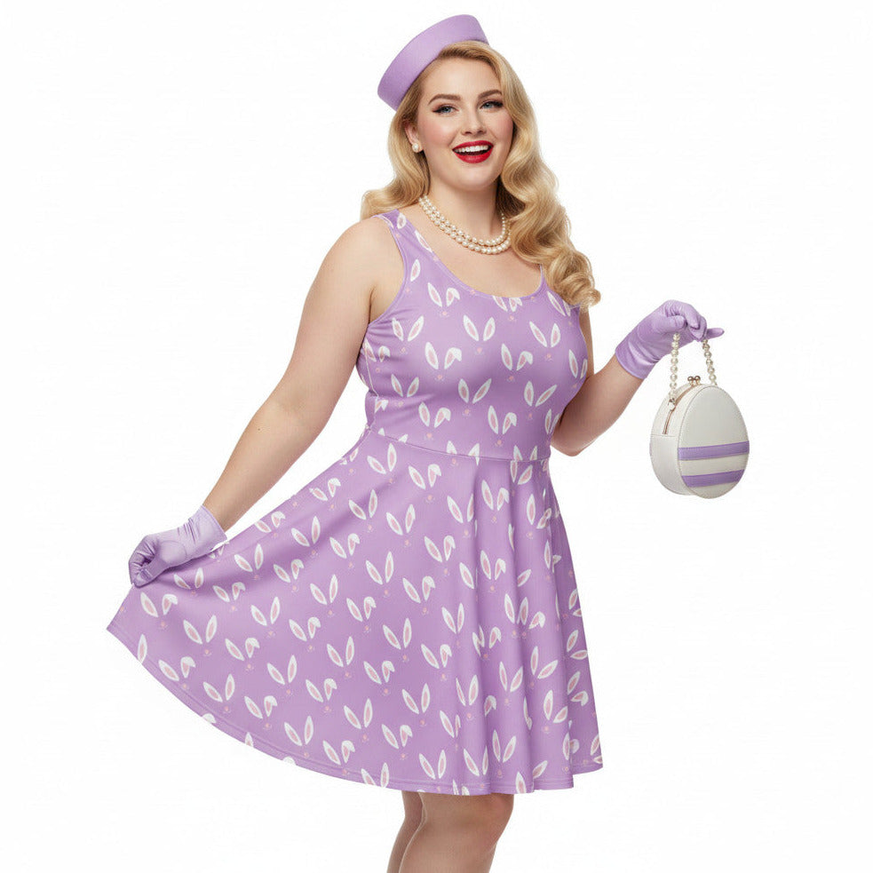Woman wearing a lavender purple plus size 1950s vintage style swing dress with white Easter bunny print, matching pillbox hat, and pearl necklace.