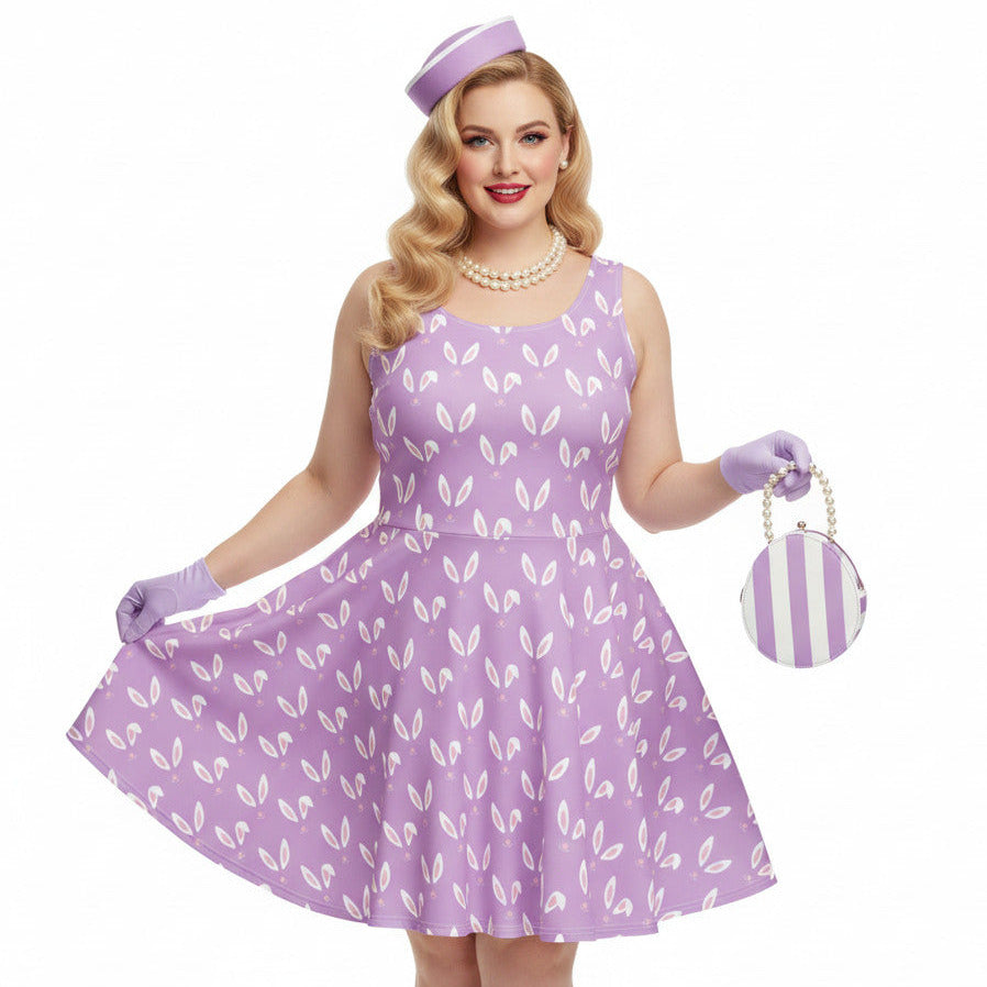 Woman wearing a lavender purple plus size 1950s vintage style swing dress with white Easter bunny print, matching pillbox hat, and pearl necklace.