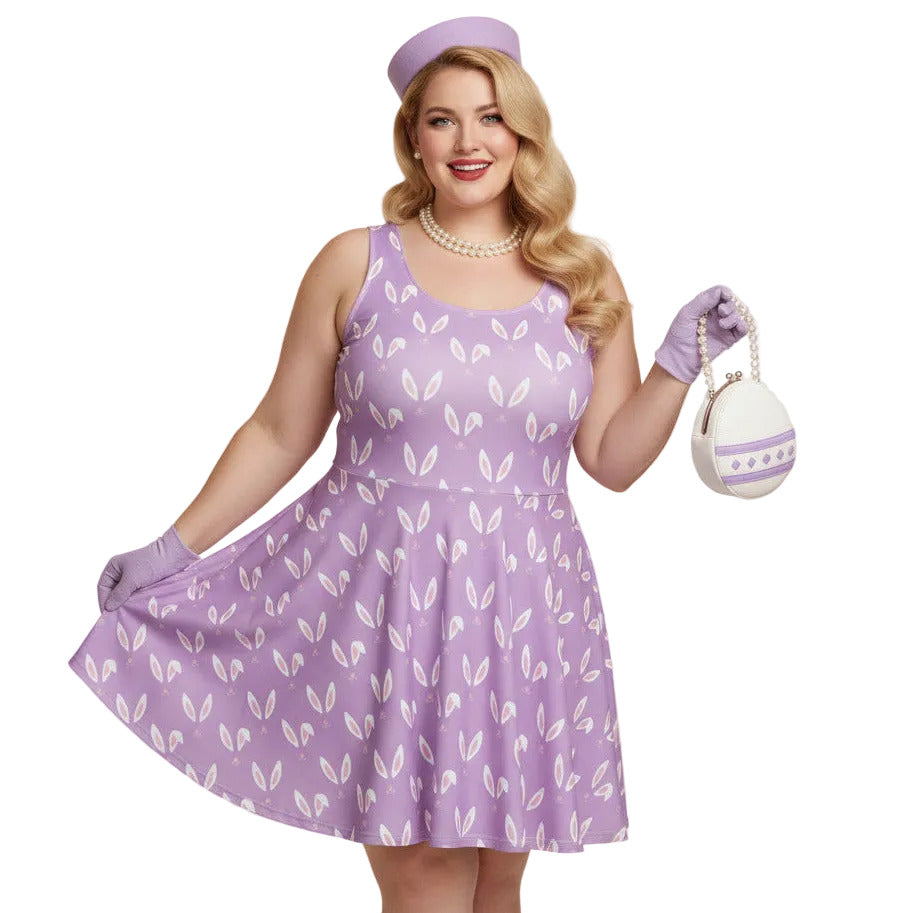Plus size woman wearing a lavender purple plus size 1950s vintage style swing dress with white Easter bunny print, matching pillbox hat, and pearl necklace.