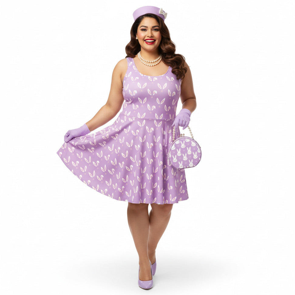 Woman wearing a lavender purple plus size 1950s vintage style swing dress with white Easter bunny print, matching pillbox hat, and pearl necklace.