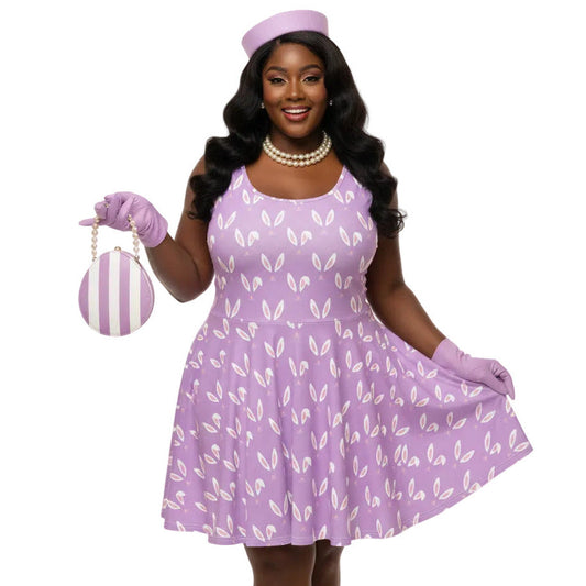 Woman wearing a lavender purple plus size 1950s vintage style swing dress with white Easter bunny print, matching pillbox hat, and pearl necklace.